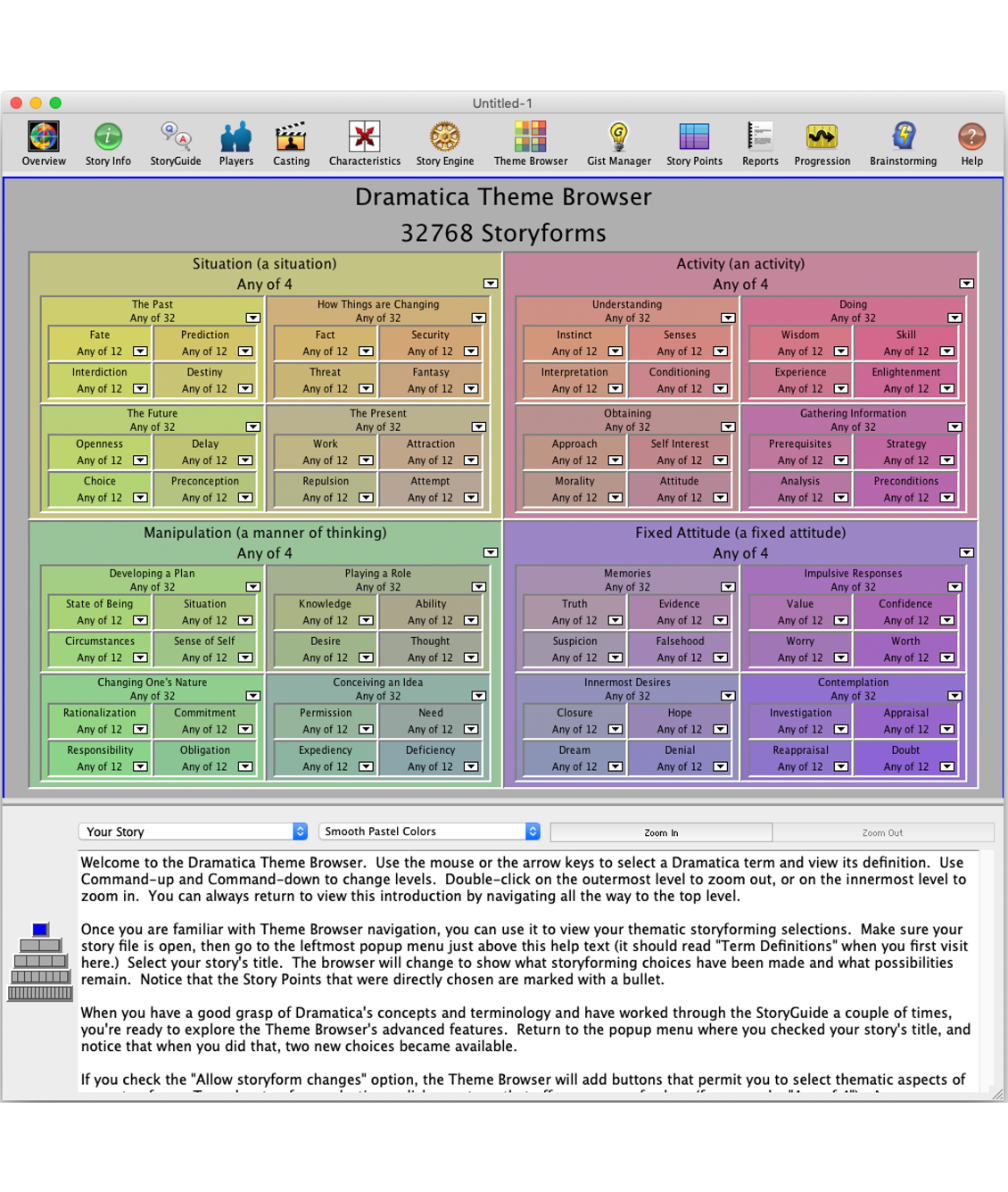 See how all your story's thematic elements interconnect in one place. Zoom in to focus on one area of your story, or zoom out to get a bird's eye view of the big picture.